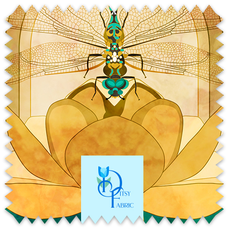 Art Deco repeating design of a dragonfly on a lotus blossom.